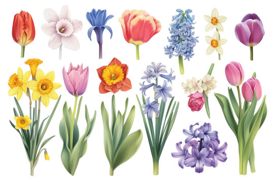 botanical illustration of various spring flowers, including tulips, daffodils, and hyacinths