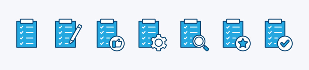 Clipboard icon set with pencil, thumb up, gear, star, and searching symbol. Containing checklist, document, schedule, plan, form, report, agenda, contract, survey. Vector illustration