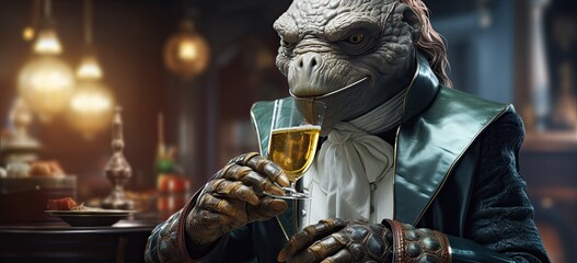 A comical turtle dressed in a suit and bow tie, holding a champagne glass, exuding charm and humor.