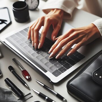 Women's hands on a laptop keyboard. High quality photo