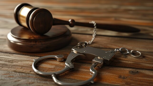 Handcuffs and wooden gavel on wooden table for Crime and legal business concept. AI generated image
