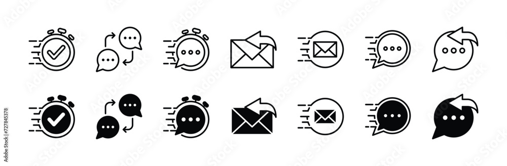 Sticker response thin line icon set. containing reply speech bubble, quick and fast response, mail answer, f