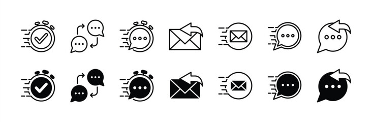 Response thin line icon set. Containing reply speech bubble, quick and fast response, mail answer, feedback message, communication service and support. Vector illustration