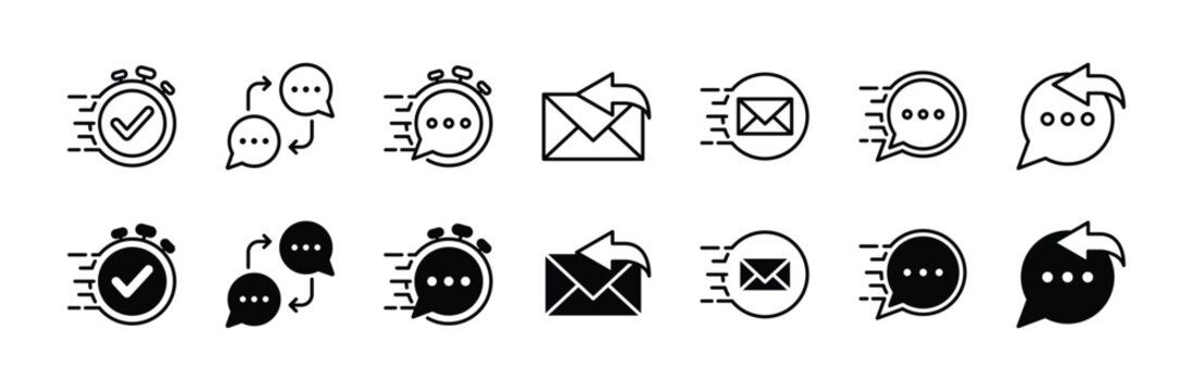 Response thin line icon set. Containing reply speech bubble, quick and fast response, mail answer, feedback message, communication service and support. Vector illustration