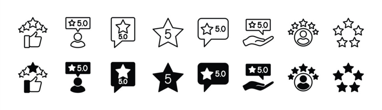 Customer rating review thin line icon set. Containing 5 stars, feedback, best, satisfaction, experience, quality, comment, response, testimonials for service, support and survey. Vector illustration