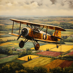 A vintage biplane flying over a patchwork of farmland