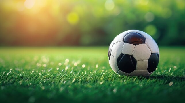Close up a soccer ball on green field grass background with empty space background. AI generated