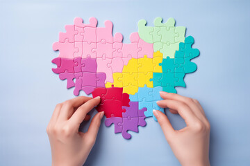 Woman hands piecing heart shaped puzzle. Valentine's Day, love search concept.