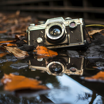 A vintage camera capturing a reflection in a puddle