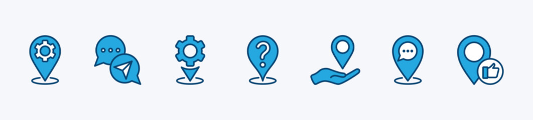Service, support and help center location icon set. Map pin with gear, chat bubble, question mark, navigation, hand and thumb up. Vector illustration