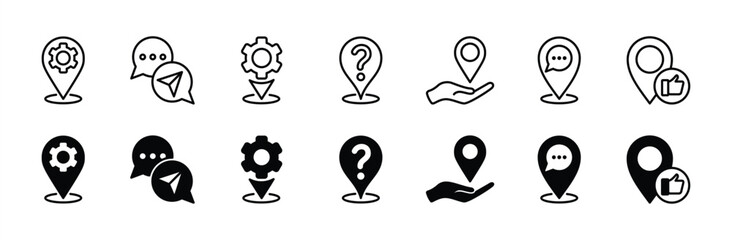 Service, support and help center location thin line icon set. Map pin with gear, chat bubble, question mark, navigation, hand and thumb up. Vector illustration