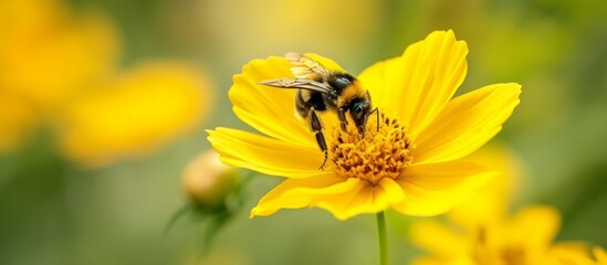 Buzzing Bee on a Vibrant Yellow Flower: A Scene of Nature's Bee, Yellow, and Flower Harmony