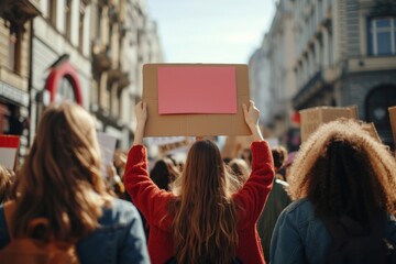 Young activist woman participates in a city protest, holding up a blank cardboard sign mockup, captured from behind, showcasing active civic engagement - obrazy, fototapety, plakaty