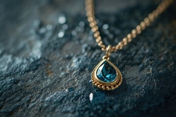 A sparkling blue diamond gold necklace with a teardrop-shaped gemstone pendant.