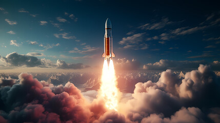 Amazing scene of a space rocket launching from Earth - obrazy, fototapety, plakaty