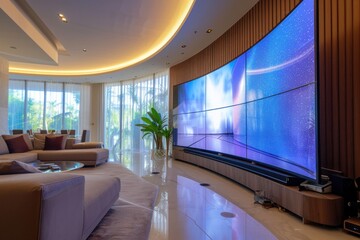 Curved, panoramic television screen in a luxurious living room
