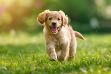 Cute dog running and playing on the green grass in the park Flower flying concept. Product. Pet food