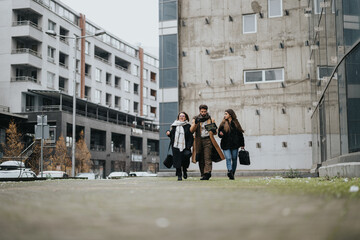 Young business professionals walking together in urban setting, teamwork concept.