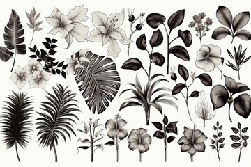 Tropical leaves and flowers on white background. - 727847178