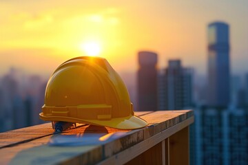 photograph of Golden engineer helmet on the wooden background of a city skyscraper at sunset telephoto lens realistic --ar 3:2 --v 6 Job ID: 8f6a02fe-4450-4814-901e-925dc27ea1a2