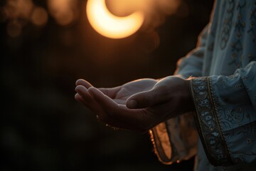 Muslim man's hands praying On the day of the crescent moon - obrazy, fototapety, plakaty