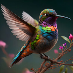 Fototapeta premium A hummingbird with beautiful rainbow-colored plumage. Generative Ai