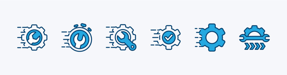 Gear repair icon set. Fast or quick time to fix icon. Wrench, speed with check mark. Containing maintenance, service, support, technical, engineering, setting, setup. Vector illustration