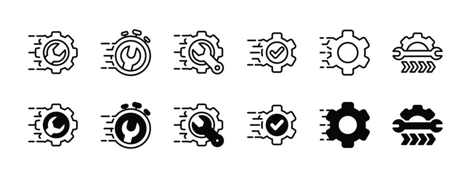 Repair icon set. Fast or quick time to fix icon. Gear, wrench, speed with check mark. Containing maintenance, service, support, technical, engineering, setting, setup. Vector illustration