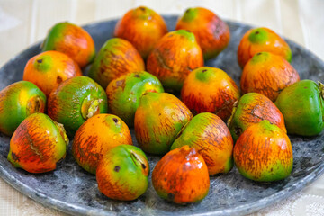 Rare and exotic fruit of the peach palm (Bactris gasipaes), typical fruit of the Brazilian tropical forests, Amazonas, Pará, Rondônia and Acre
