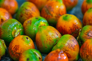 Rare and exotic fruit of the peach palm (Bactris gasipaes), typical fruit of the Brazilian tropical forests, Amazonas, Pará, Rondônia and Acre