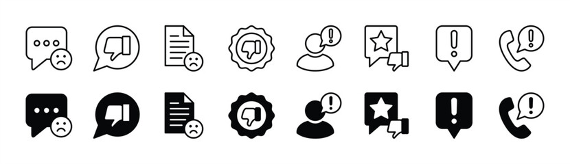 Complaint icons for customer service and communication support. Containing poor feedback, unhappy, dislike, 1 star, rating review, comment. Vector illustration - obrazy, fototapety, plakaty