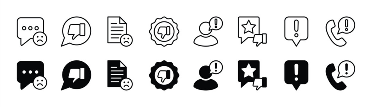 Complaint icons for customer service and communication support. Containing poor feedback, unhappy, dislike, 1 star, rating review, comment. Vector illustration