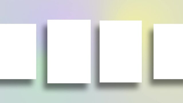 Animated Group of White Blanks Mockups with Shadows lying on color dynamic gradient background 4K