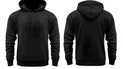 Black classic Hoodie front and back in pure black without logo on transparentbackground - obrazy, fototapety, plakaty