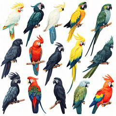 Fototapeta premium A large set of cockatoo parrots. Realistic illustration.