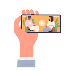 Fototapeta na wymiar Phone in hand watching video. Watching interview on smartphone cartoon vector illustration