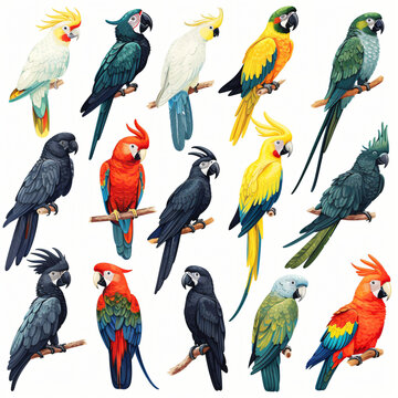 A large set of cockatoo parrots. Realistic illustration.