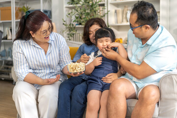 Portrait of enjoy happy love asian family father and mother with cute little asian girl child smiling play and having fun moments good time, care, kid, support, insurance, child, at home