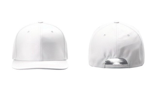 White classic snapback front and back in pure white without logo on transparent background as a design mockup