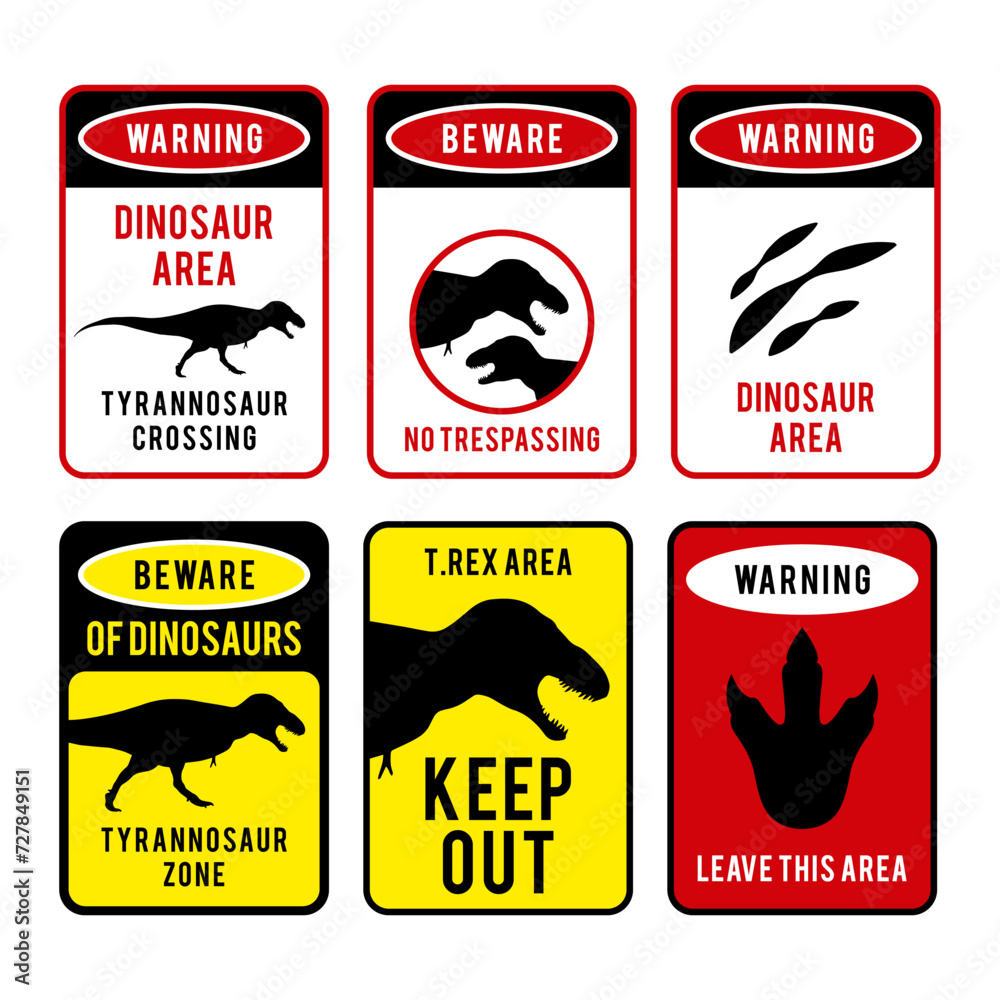 Wall mural 6 different types of danger dinosaur signs. Tyrannosaurus t-rex symbol. Vector illustration