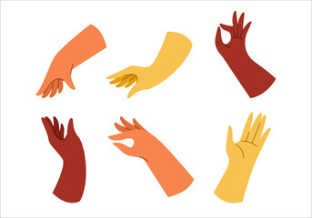 Set of hand drawn colorful hands, various gestures. Different ethnic groups. Trendy flat vector illustration