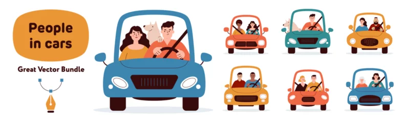 Selbstklebende Fototapeten Auto People inside cars. Bundle vector flat style illustration. Cartoon characters holding steering wheel to drive car. The front of the car.   © Oleg and Polly