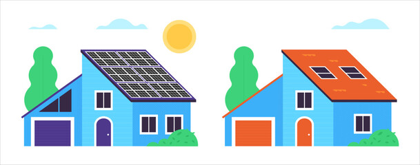 Two houses: a normal one and one with a solar panel. Ecological concept illustration. Vector