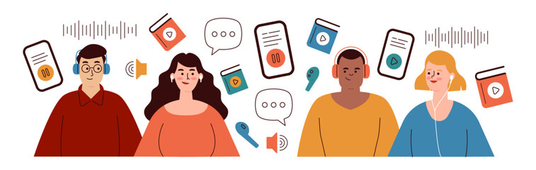 Modern flat vector illustration of people in headphones listening to audiobooks. Books fly around with a play button. The concept of learning people using audiobooks.