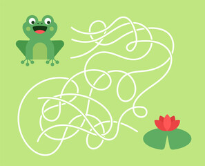 Cartoon frog and pond kids maze game. Labyrinth. Educational game for children. Colored flat vector illustration.