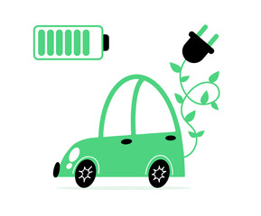Electric car and plant eco plug. Ecology concept. Hand-drawn vector illustration.