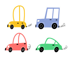 Set of colorful retro cars isolated on a white background. Hand-drawn style. Vector illustration