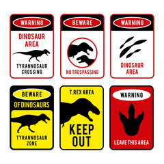 6 different types of danger dinosaur signs. Tyrannosaurus t-rex symbol. Vector illustration