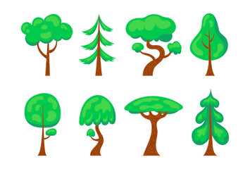 Cartoon trees set isolated on a white background. Simple hand-drawn style. Cute green plants, forest, flat