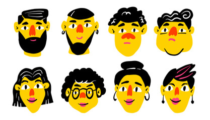Set of doodle people avatars for social media. Four man and four woman portraits. Trendy hand drawn style. Yellow vector avatars